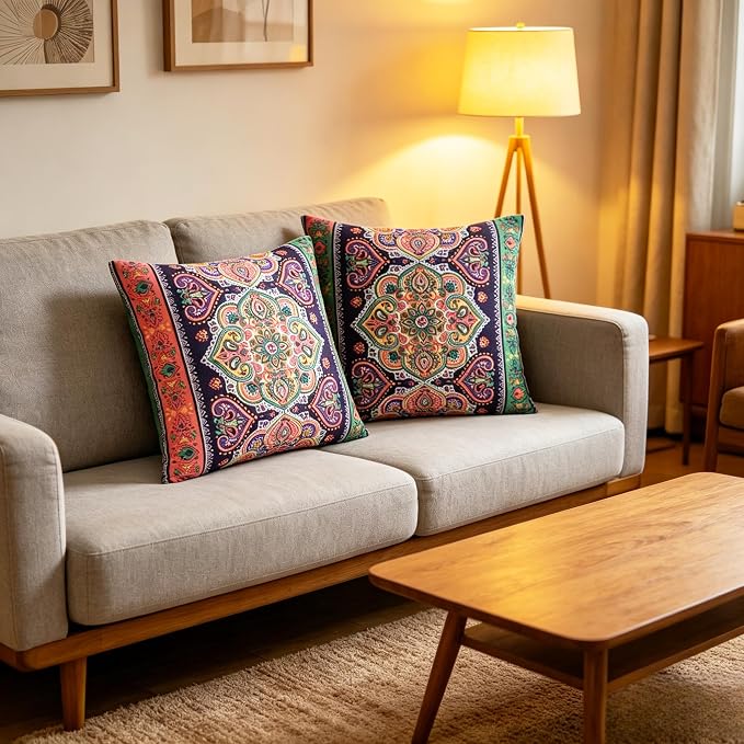 Ethnic Floral Pillow Covers 18x18 Set of 2 Boho Mandala Throw Pillows for Couch Vibrant Polyester Decorative Cushion Cases for Bedroom Living Room Patio Outdoor