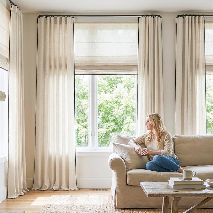 jinchan Beige Linen Curtains with Black Trim Back Tab 50x108 Inch 2 Panels | Semi sheer light filtering, modern farmhouse curtains for living room and bedroom, back tab rod pocket, machine washable