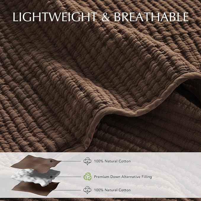 EVERGRACEHOME Cotton Ribbed Matelassé Coverlet Set, Queen, Sienna Brown | Soft Lightweight Bedspread, 3 Pieces, Breathable Cozy Oversized Quilted Bedding Set for All Seasons, with 2 Pillow Shams