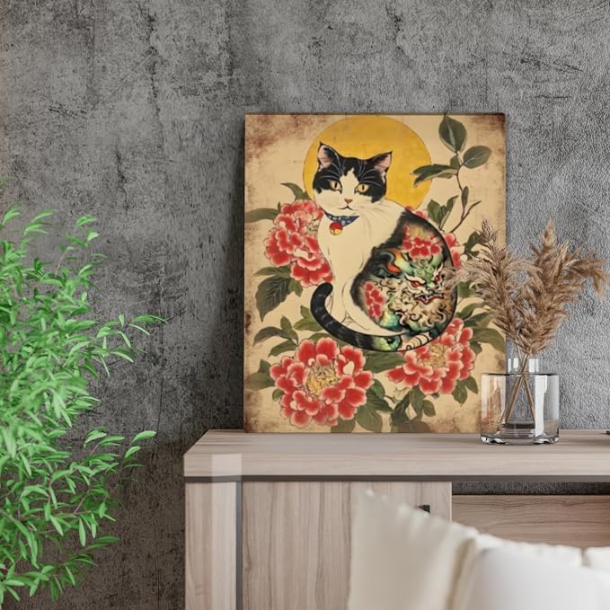 Wesluin 16"x20" Samurai Cat Canvas – Bushido Japanese Cat Wall Art | Meow-shi warrior strikes a fierce pose in armor. Playful kung fu energy. Hook included, ready to hang.