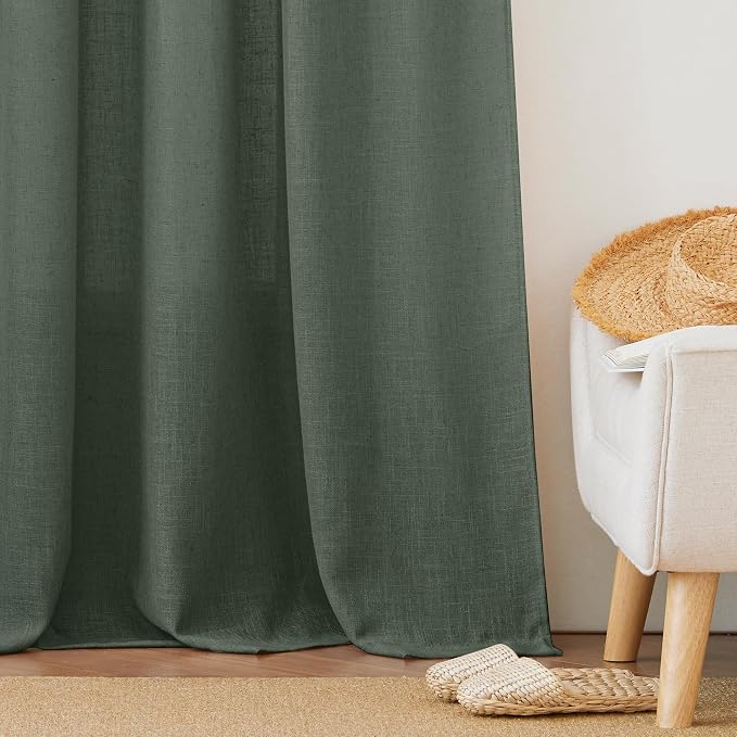 RYB HOME Spring Curtains for Living Room, Light Filtering Privacy Protection Linen Sheer Curtains for Sliding Glass Door, W 52 x L 90 inches, Hunter Green, 2 Panels Set