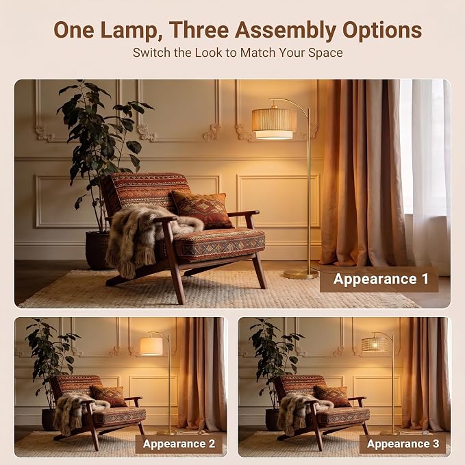 TJOY Arc Floor Lamp for Living Room, Boho Rattan & Fabric Shades
