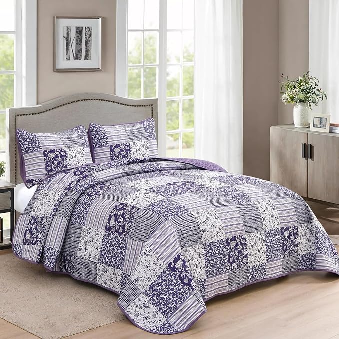 Mybedsoul Purple Quilt Set Full Size, Patchwork Floral Bedding Set | Soft Lightweight Microfiber Reversible Coverlet Set, 3 Pieces Plaid Bedspread, Bed Sets for All Seasons 78"x90"