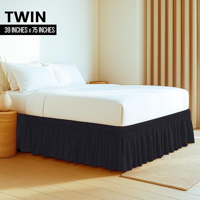 Wrap Around Twin Bed Skirt, Easy Fit Elastic Belt, 16 Inch Drop, Grey | No Mattress Lifting, Stay-Put Design, Adjustable Buckle & Elastic Belt, Wrinkle & Fade Resistant, Brushed Microfiber