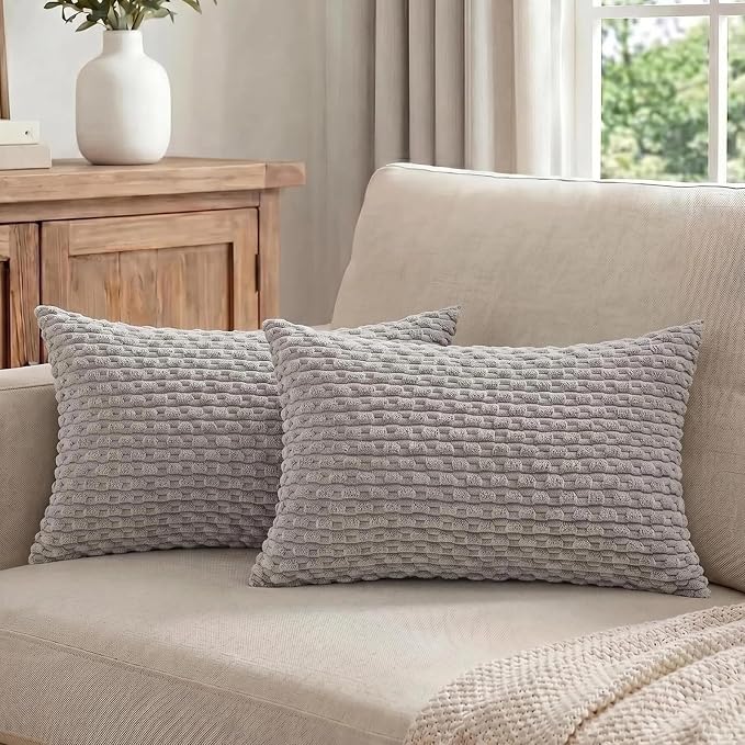 Fancy Homi Set of 2 Boho Grey Lumbar Decorative Throw Pillow Covers 12x20 Inch for Couch Bed Chair, Neutral Farmhouse Home Decor, Soft Fluffy Corduroy Rectangle Aesthetic Cushion Case 30x50 cm