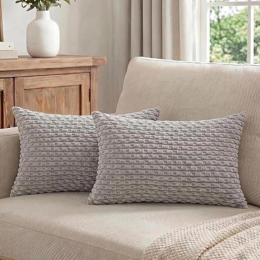 Fancy Homi Set of 2 Boho Grey Lumbar Decorative Throw Pillow Covers 12x20 Inch for Couch Bed Chair, Neutral Farmhouse Home Decor, Soft Fluffy Corduroy Rectangle Aesthetic Cushion Case 30x50 cm