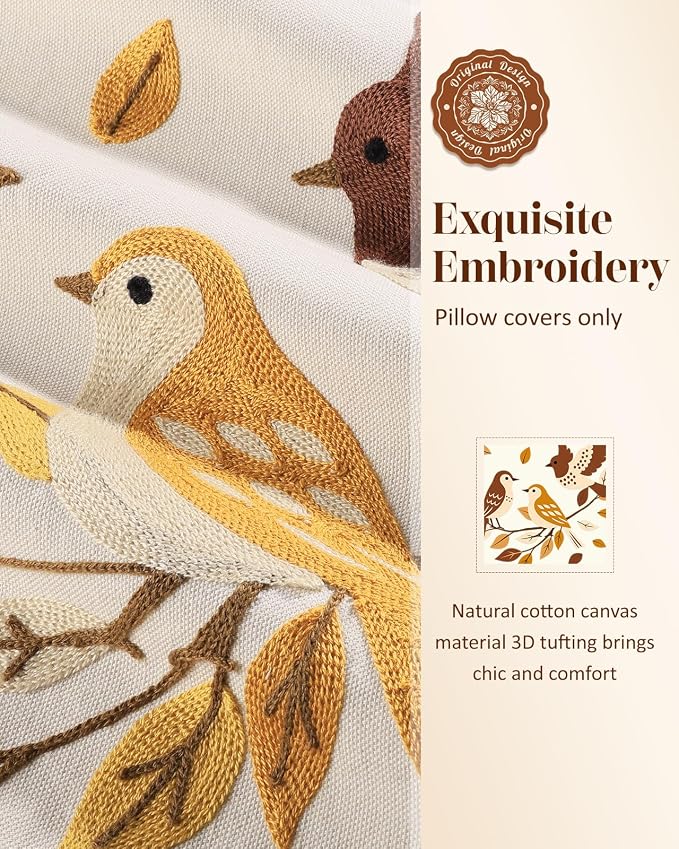 Bird Leaves Embroidered Throw Pillow Cover 18x18 Inch Fall Farmhouse