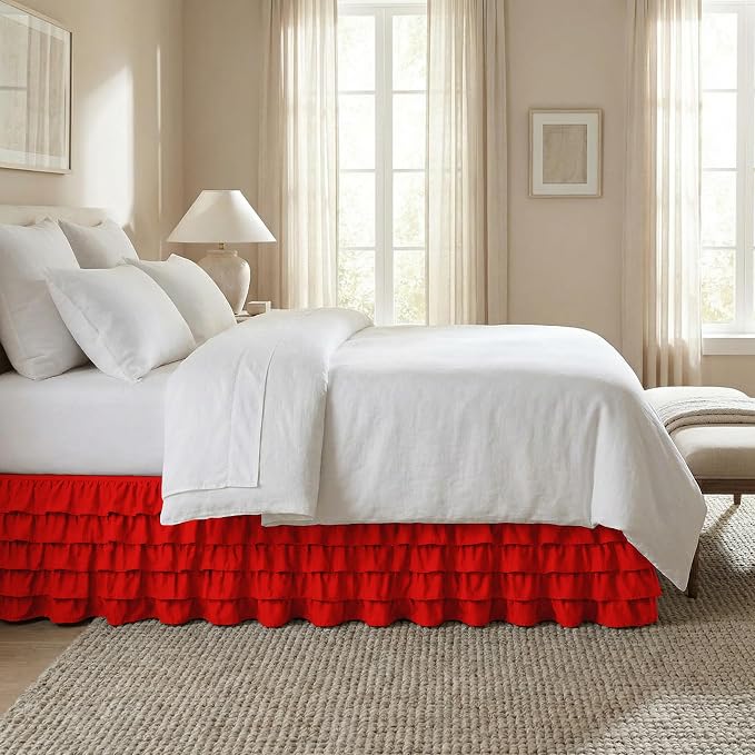 Elegant Comfort Luxurious Premium Quality 1500 Premier Wrinkle and Fade Resistant Hotel Quality Microfiber Multi-Ruffle Bed Skirt - 15inch Drop, Twin, Red