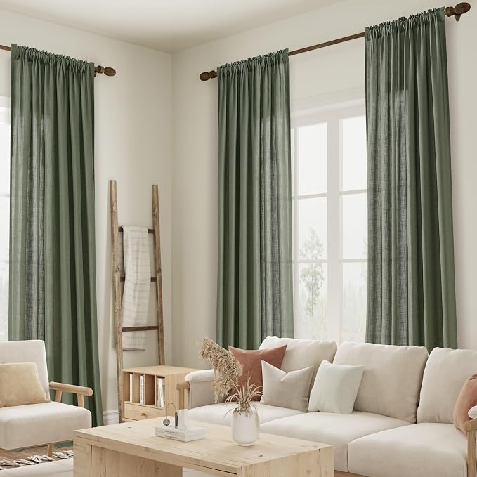 Olive Green Linen Curtains 102 Inch Length for Living Room Bedroom 2 Panels Set Rod Pocket Light Filtering Semi Sheer Window Curtains 52 Inch Width Boho Farmhouse Linen Drapes, W52xL102