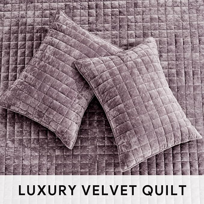 RECYCO Channel Box Stitch Velvet Quilt Set, King Size, Purple | Ultra Soft Lightweight Velvet Comforter, Luxury Oversized Bedspread Coverlet, Quilted Bedding Set for All Season with 2 Shams