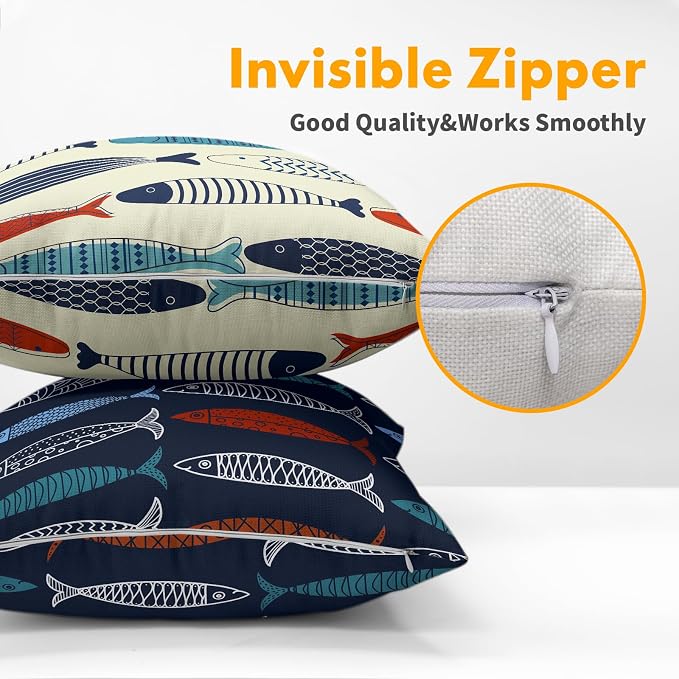 Fish Throw Pillow Covers Decorative Cotton Linen Pillowcases Colorful Fish Pillow Case Set of 2 Nautical Theme Square Cushion Covers for Sofa Bedroom Couch Home Outdoors