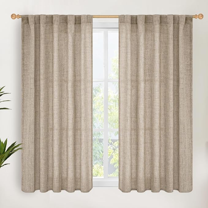 YoungsTex Dark Oatmeal Linen Semi Sheer Curtains 48 Inch Length 2 Panels | Burlap Tan Drapes with Rod Pocket Back Tab for Short Bathroom Living Room Window Light Filtering, 42 X 48 Inch
