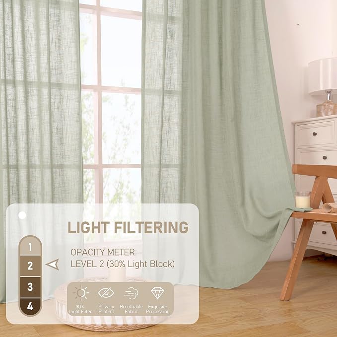 Sage Grey Linen Boho Curtains 68 inch Length 2 Panels, 52 x 68 Inch | Light Filtering, Semi Sheer Panels, Rod Pocket Back Tab, Neutral Drapes for Bedroom, Living Room, Window Treatment