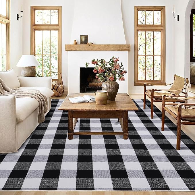Buffalo Plaid Area Rug 5x7 Ft, Black White Indoor Outdoor Rug | Washable Cotton, Black White Checkered, Layering Rug, Front Porch Entryway, Kitchen Patio Decor