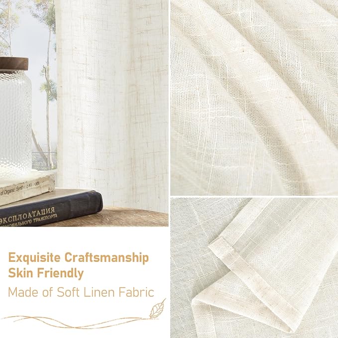 Cream Linen Curtains 40 Inch for Kitchen Window Over Silk, 2 Panels | Light Filtering, Neutral Semi Sheer, Curtains for Bedroom, Cafe Window Boho Curtains, Rod Pocket Back Tab, 34 x 40 Inch