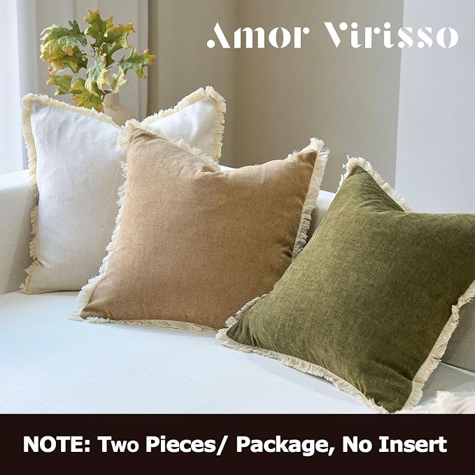 Amor Virisso Fringe Throw Pillow Covers 20x20 Set of 2 Boho Neutral Farmhouse Decorative Pillow Covers with Tassels for Couch Sofa Bed, Cream White