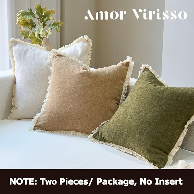 Amor Virisso Fringe Throw Pillow Covers 18x18 Set of 2 Boho Neutral Farmhouse Decorative Pillow Covers with Tassels for Couch Sofa Bed, Olive Green