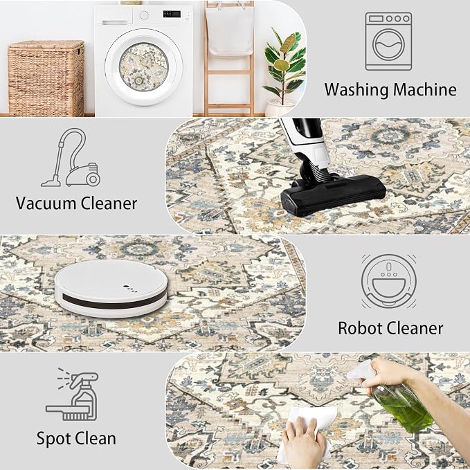 AooHHooA Washable 8x10 Boho Beige Area Rug for Living Room, Soft Stain Resistant Non-Slip Boho Vintage Area Rugs, Large Low Pile Lightweight Area Rugs for Living Room Bedroom Dining Room