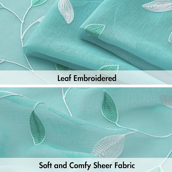 MIULEE Turquoise Sheer Curtains 2 Panels Leaf Patterned, W52 x L84 | Embroidered Floral Semi Sheer,Rod Pocket,Faux Linen,Short Window Curtains Drapes Set for Kitchen/Bathroom/Cafe