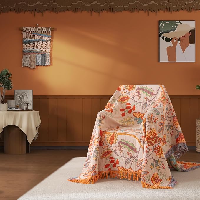 Phuryllic Boho Throw Blanket Twin Size, Soft Cozy Cotton Muslin Quilt Blanket for Bed Decor, Floral Patterned Couch Sofa Chair Cover, Vintage Farmhouse Cottage Tapestry Woven Blanket, Coral&Green