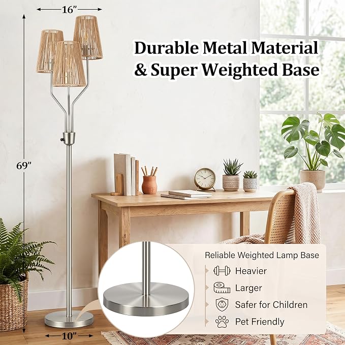 Bairth Boho Floor Lamp, Farmhouse Rattan 3-Light Floor Lamp for Living Room