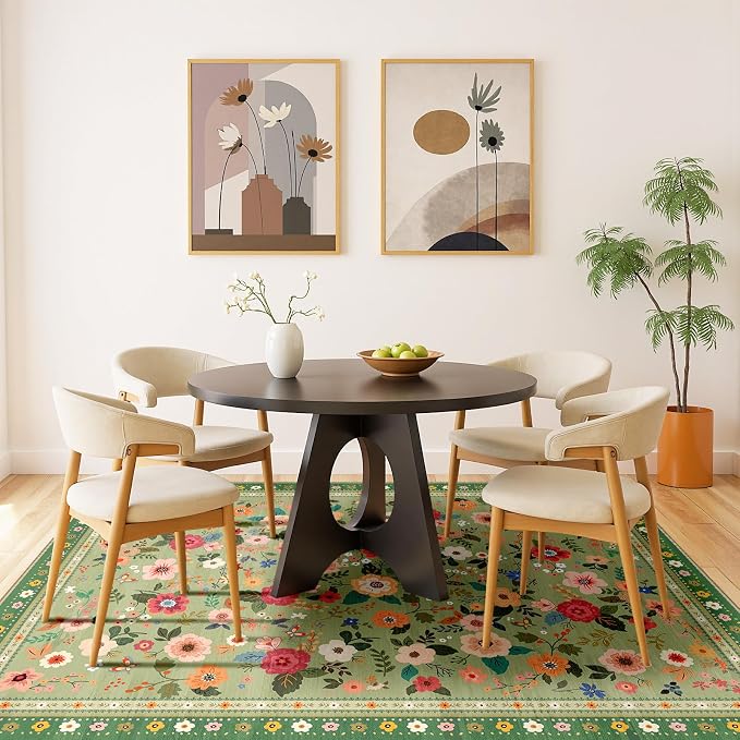Washable Floral Area Rug for Living Room 9x12 Light Green | Non-Slip，Vacuum-Friendly, Low Pile, Flower Carpet for Bedroom Kitchen Entryway Dining Room Office Nursery