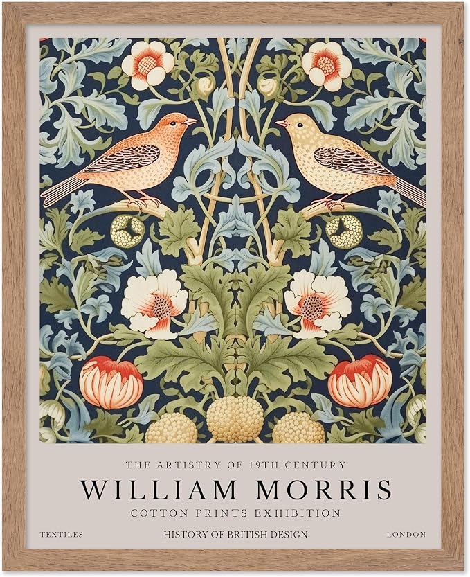 Poster Master William Morris Poster - Strawberry Thief Print - Bird Art - Botanical Design - Flower Art - Exhibition Display - Animal Illustration - Floral Design - Office or Bedroom Wall Decor - 8x10 Beige Framed