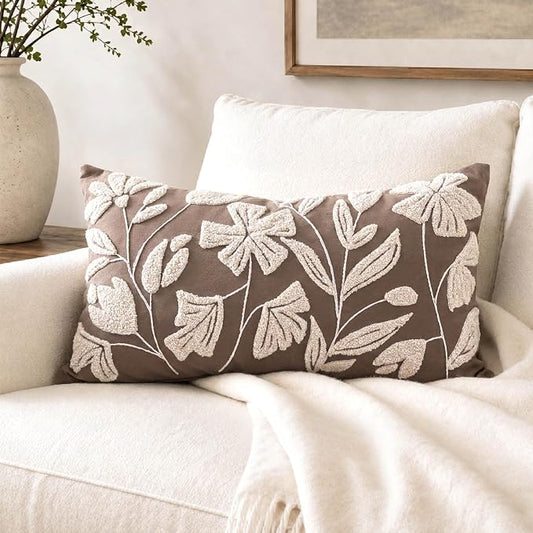 BlissBlush Decorative Lumbar Pillow Cover 12x20 Inch, Taupe Brown Floral Tufted Velvet Accent Pillow Case for Sofa Bed Living Room, Cover Only