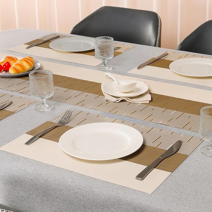 Placemats Set of 6, Vinyl Woven Heat-Resistant Place Mats | Washable Wipeable PVC Table Mats, Non Slip Placemat for Kitchen Dining Indoor Outdoor Table (Beige Light Brown, Set of 6)