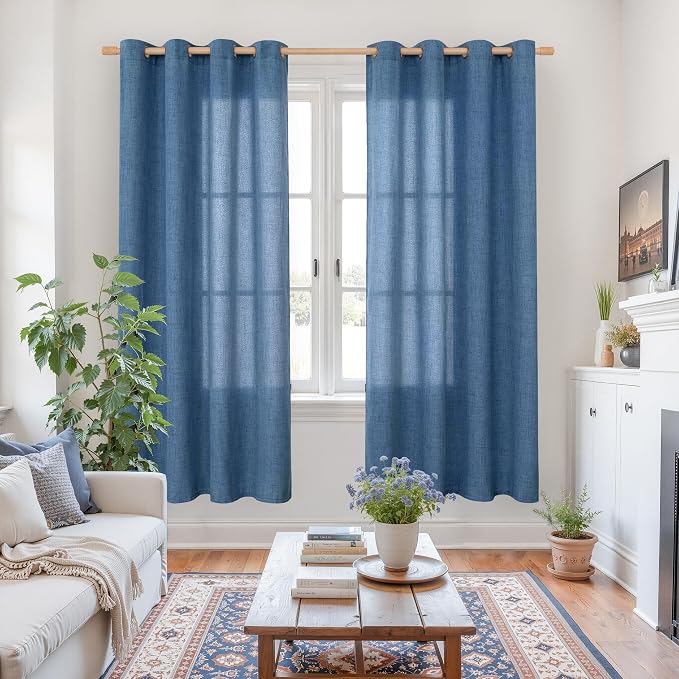 YoungsTex Navy Blue Linen Curtains 72 Inch Length for Living Room, Light Filtering Semi Sheer Drapes with Bronze Grommet Privacy for Bedroom Decorative, 52 x 72 Inch, 2 Panels