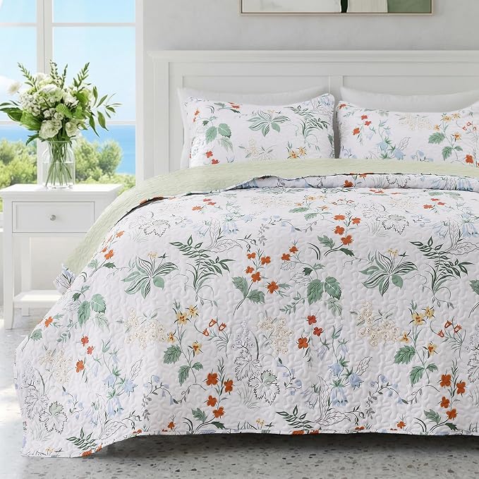 EXQ Home Printed Quilt Set Full Queen Size Green Leaves Bedspread Set | Bedding Set For All Season Use, Soft & Breathable Coverlet,3-Piece Set Includes 2 Shams, Machine Washable