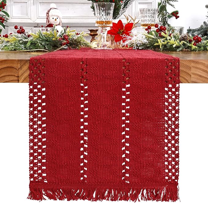 Macrame Table Runner Christmas Red Boho Table Runners with Tassels 12x71in | Alynsehom Hand Woven Cotton Table Runner Rustic Farmhouse Table Runners for Xmas Kitchen Dining Table