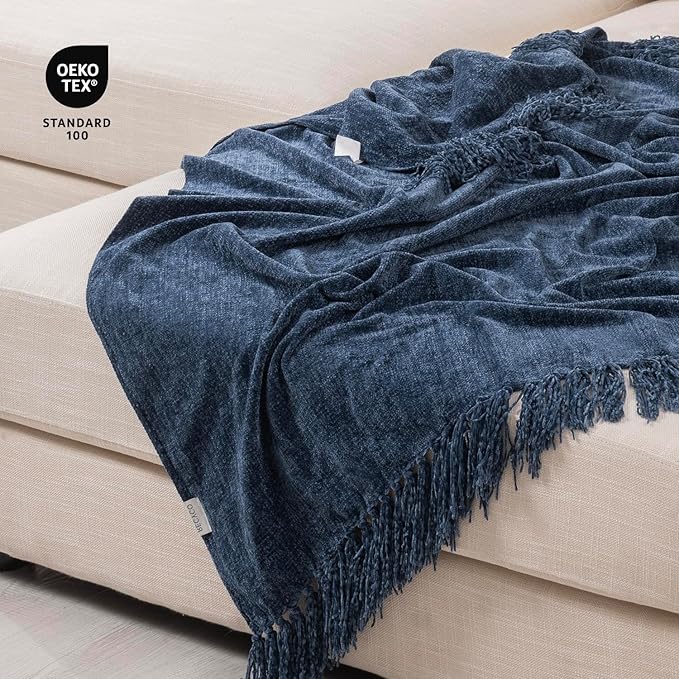 RECYCO Chenille Throw Blanket for Couch, 50"x60", Blue | Super Soft Knit Throw Blanket with Fringe Tassels, Lightweight Knitted Throw, Cozy, Ideal for Sofa Chair Bed Living Room Gift