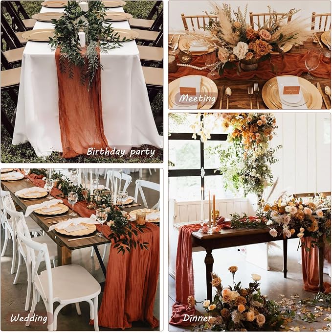 12 Pack Cheesecloth Table Runner 35x72 Inch Boho Gauze Table Runner Rustic Cheese Cloth Long Romantic Table Runners for Wedding Bridal Shower Birthday Party Table Decor (Terracotta)