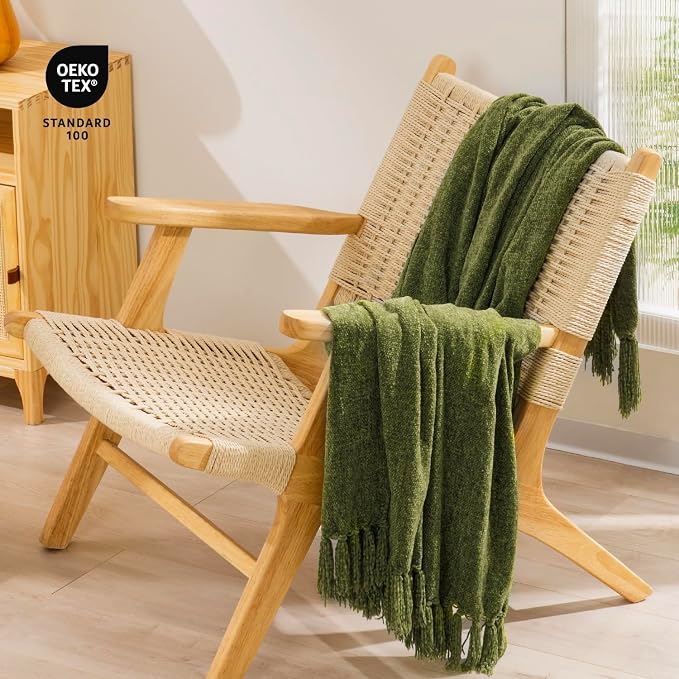 RECYCO Chenille Throw Blanket for Couch, 50"x60", Loden Green | Super Soft Knit Throw Blanket with Fringe Tassels, Lightweight Knitted Throw, Cozy, Ideal for Sofa Chair Bed Living Room Gift