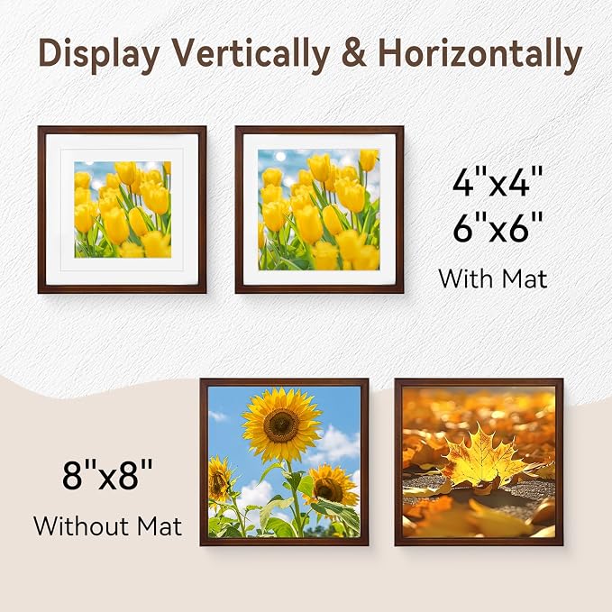 8x8 Picture Frame, Solid Walnut Wood Photo Frames with HD Real Glass
