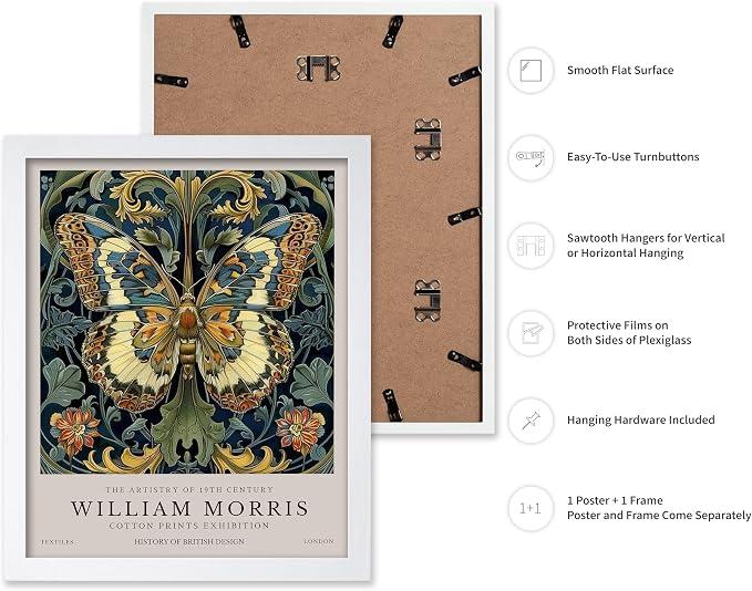 Monem Art William Morris - Butterfly and Flowers Print - Botanical Artwork - Exhibition Art - Floral Design - Textile Illustration - Animal Art - Aesthetic Bedroom or Office Decor - 16x20 White Framed