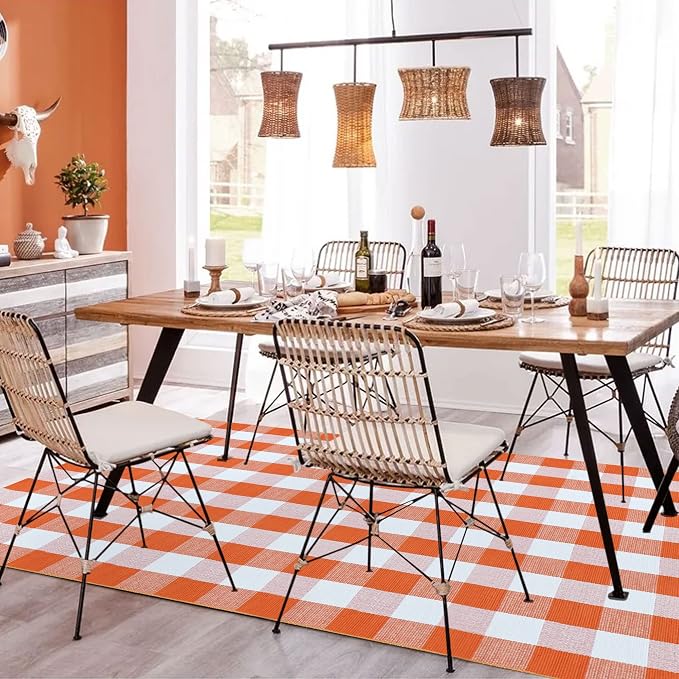 SEEKSEE Buffalo Plaid Rug 4' x 6' Orange and White Large Front Door Mat, Layering Area Rug, Halloween Rug for Outdoor Patio Entryway Indoor Living Room Kitchen Dining Room Decor