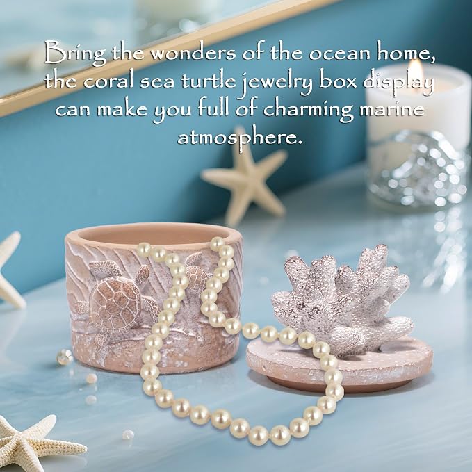 Hodao Ocean Crafts Sea Turtle & Octopus Resin Jewelry Box with Coral Lid - Handmade Organizer for Rings Earrings Necklaces, Blue/White, Ocean-Themed Storage Case Decor Gifts For Women (White-Turtle)