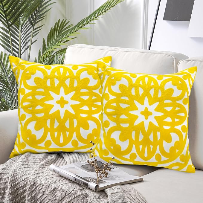 Alysheer Floral Embroidered Spring Decorative Throw Pillow Cover 18"x 18" Set of 2, Boho Mandala Embroidery Yellow Patterned Cushion Case for Sofa Couch Living Room Bedroom Outdoor