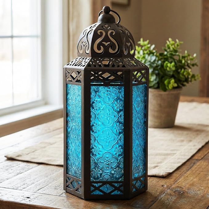 Vela Lanterns Decorative Indoor Candle Holder Table Centerpieces - Moroccan Hanging Outdoor Patio & Porch Home Decor, Turkish Lamp for Wedding, Ramadan (Large 12", Blue Glass)