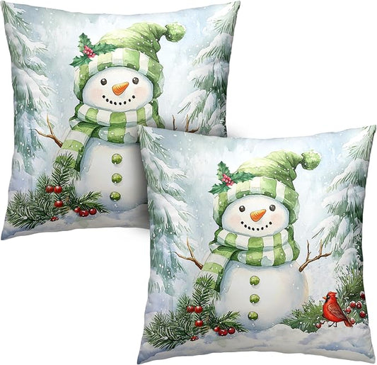 Set of 2 Winter Pillow Covers 18x18 Green Snowman Pine Tree Holly Berry Cardinal Bird Throw Pillow Covers Holiday Pillow Case for Home Decor Couch Sofa