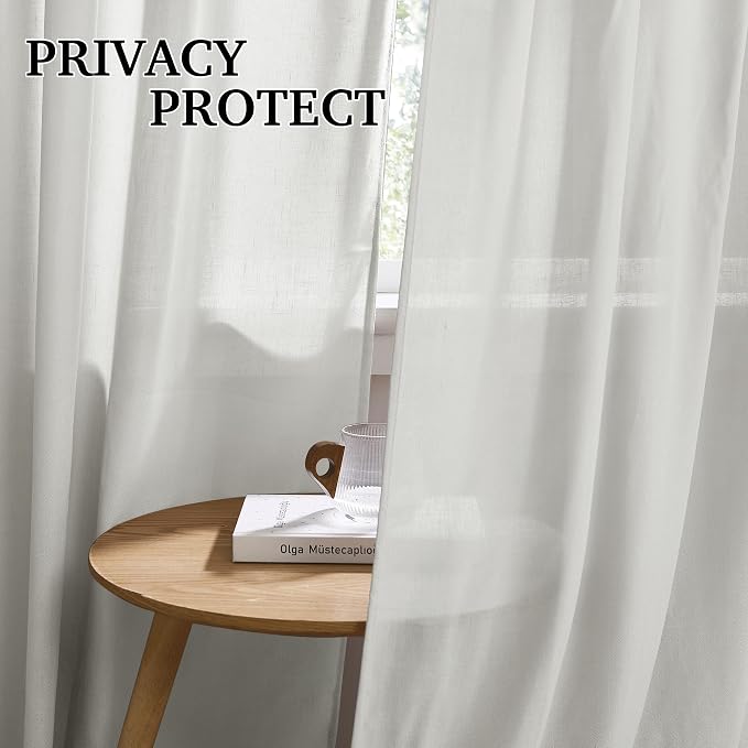 RYB HOME Linen Semi Sheer Curtains for Bedroom Living Room 84 inches Long | Light Filtering Privacy, Textured Burlap, Dining Room Sunroom Patio Door, Rod Pocket & Back Tab, W52 x L84, 2 Panels, Grey