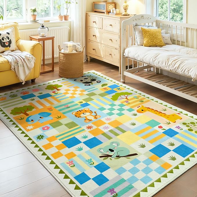 4x6 Soft Washable Playroom Rug, Non-Slip Green Safari Jungle Animal Area Rug, Cute Colorful Checkered Woodland Carpet for Girls Bedroom Decor