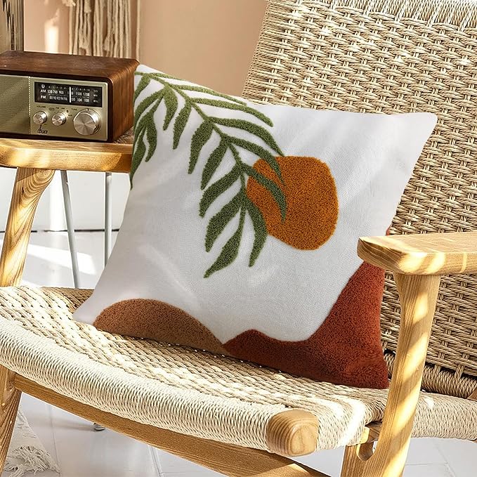 Merrycolor Boho Decorative Throw Pillow Covers 18x18 Tufted Green Decorative Pillows Covers Sun Leaf Mid Century Modern Throw Pillows for Bed Couch Sofa Living Room 1PC