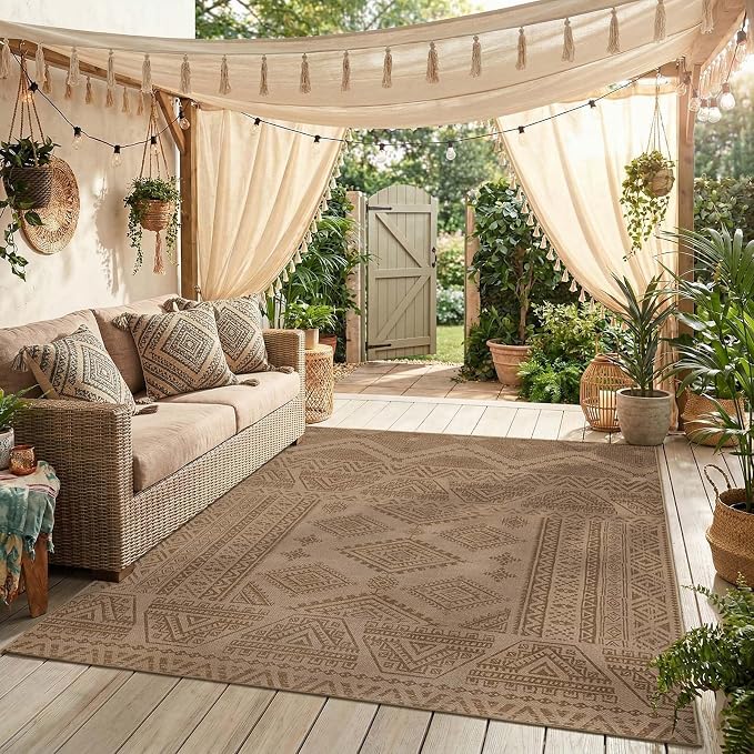 jinchan 5x7 Faux Jute Area Rug Washable Boho Living Room Rug, Natural Taupe | Southwestern Geometric, Non-Slip, Low Pile, Indoor Outdoor, Natural Fiber Look, Dining Room, Deck, Backyard, Bedroom, Patio