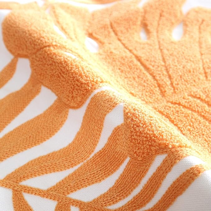 Embroidery Throw Pillow Covers 18x18 Home Decor Floor Pillow Cover for Couch Bed Chair 100% Cotton Loop Embroidered Orange Tropical Leaves Cushion Cover Square Pillowcase 45x45cm, 1 Piece