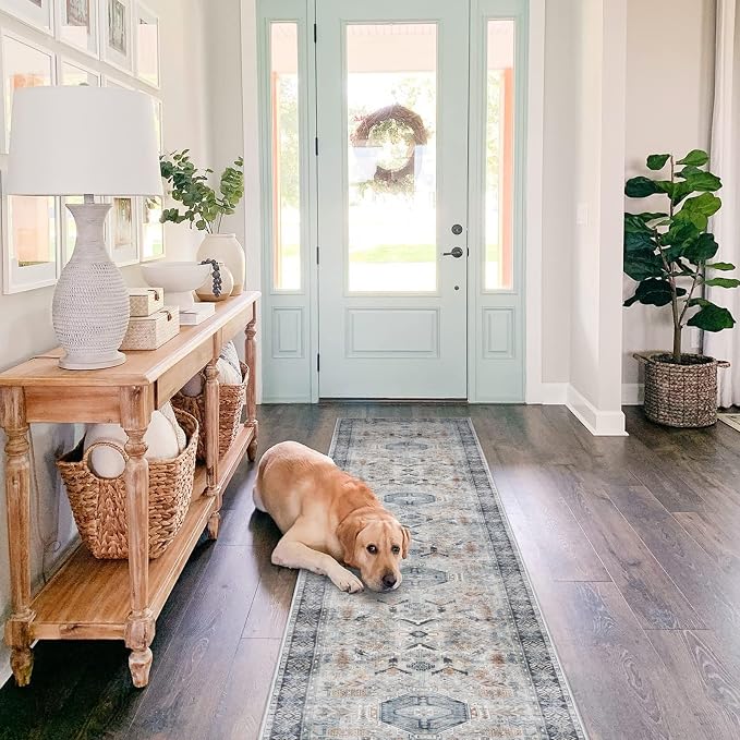 Washable Kitchen Runner Rug 2x10: Non-Slip Hallway Entryway Rugs Indoor Soft Low Pile Stain Resistant Carpet for Bedroom Laundry Ultra-Thin Vintage Home Decor Mat for Bathroom (Grey/Blue, 2 x 10)