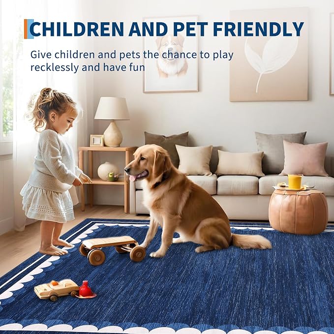 COZYLOOM 5x7 Living Room Rugs Washable Bedroom Rug Non Slip Stain Resistant Modern Bordered Rug Non Shedding Low Pile Carpet Foldable Thin Neutral Mats for Dining Room, Office, Blue
