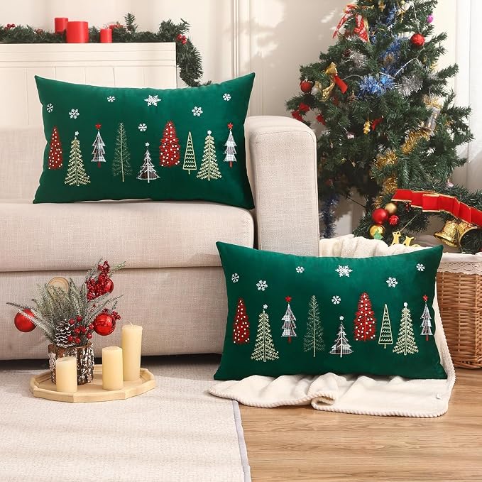 Christmas Embroidery Throw Pillow Covers 16 x 26 inch Set of 2 Christmas Dec Velvet Pillowcases Forest Green Xmas Tree Cushion Pillow Cases Soft Lumbar Holiday Pillowcase